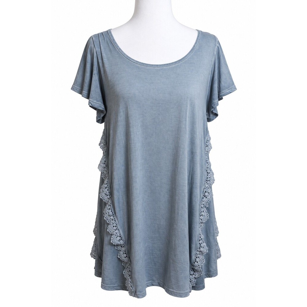 Mineral Wash Lace Trim Tunic Top Medium Boho Lagenlook Cottagecore Flowy Gray